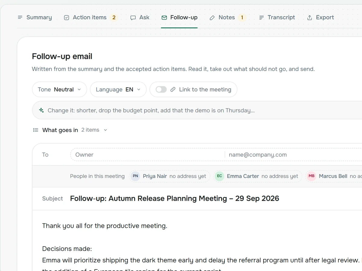 Follow-up email drafted from the meeting summary
