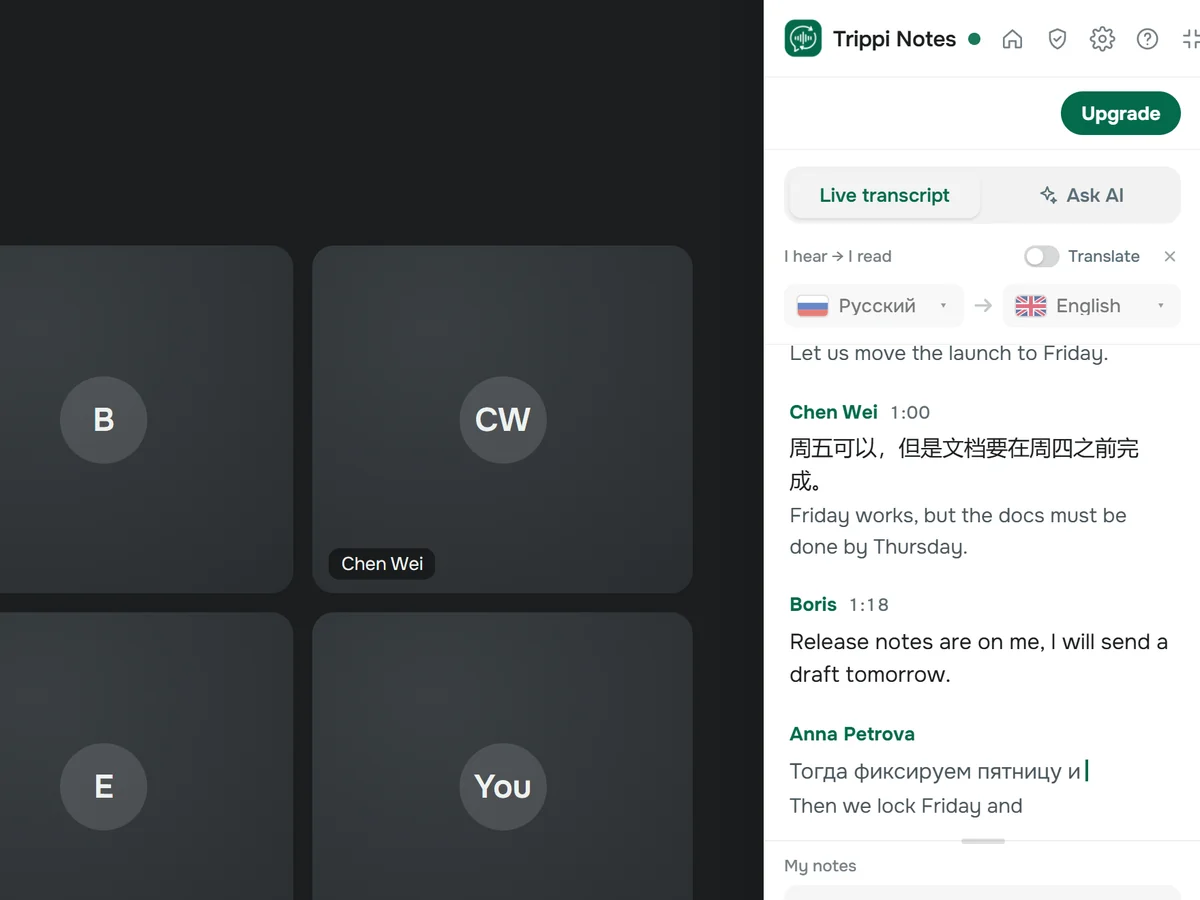 Trippi Notes panel next to a call: live transcript with speaker names and translation