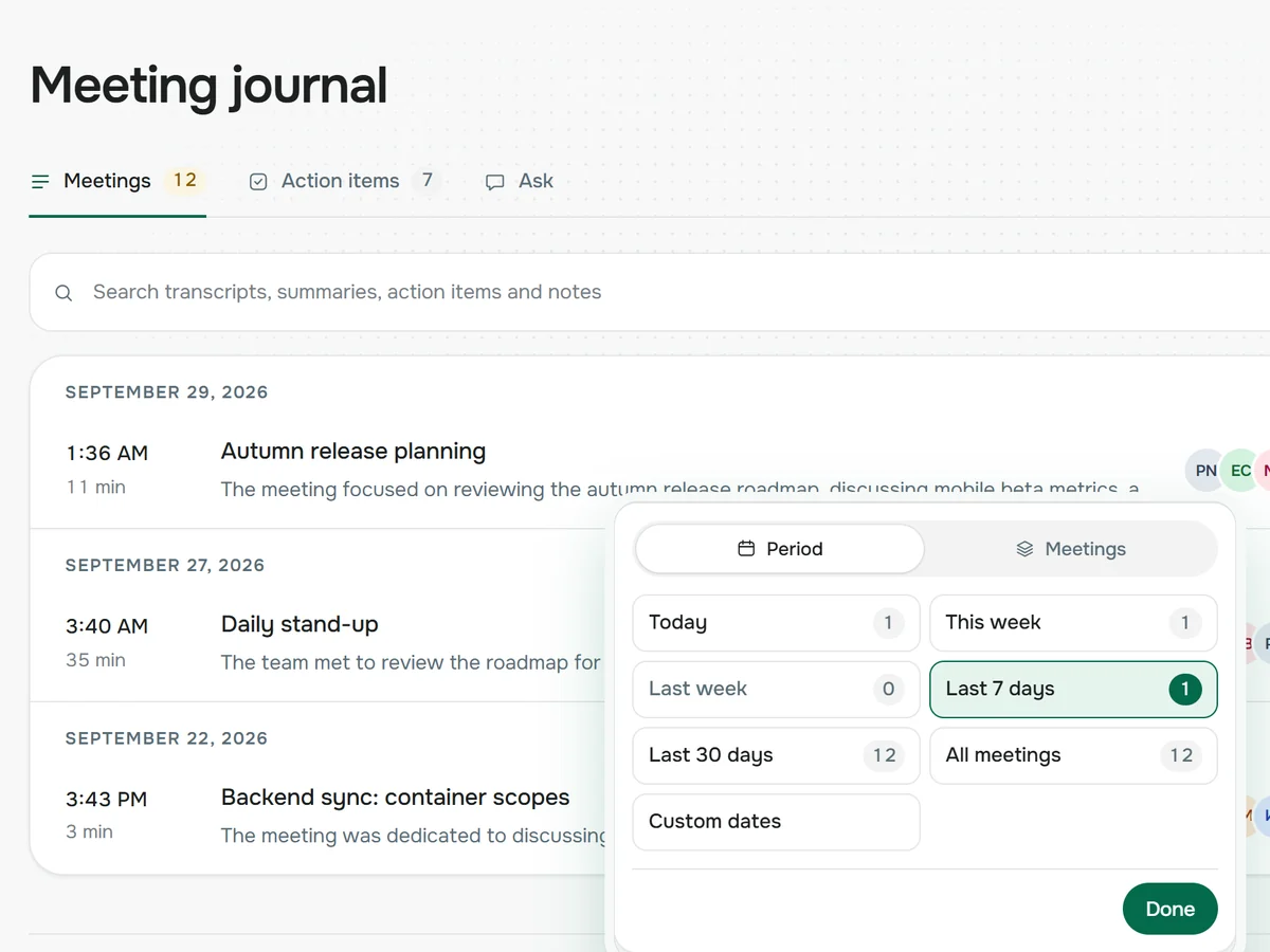 Meeting journal with past calls and a period picker for questions to AI