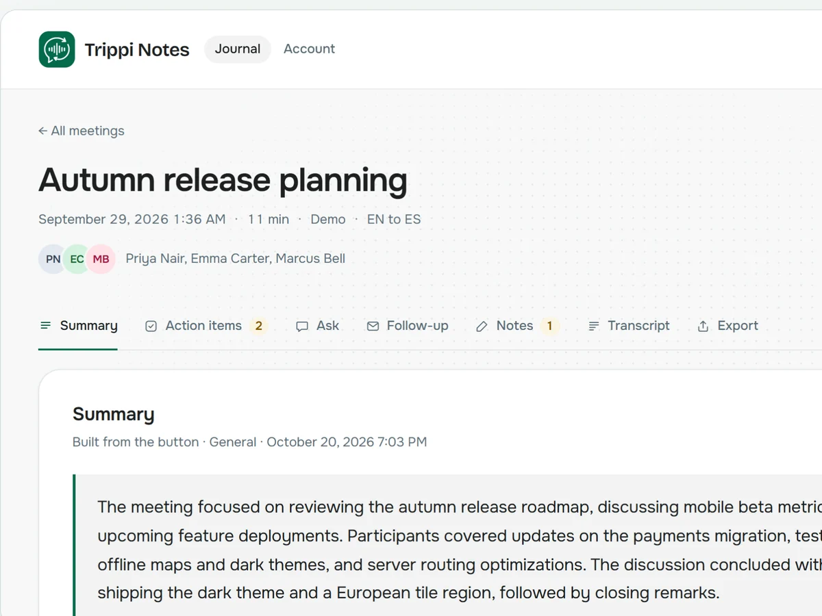 Meeting page with the summary tab open