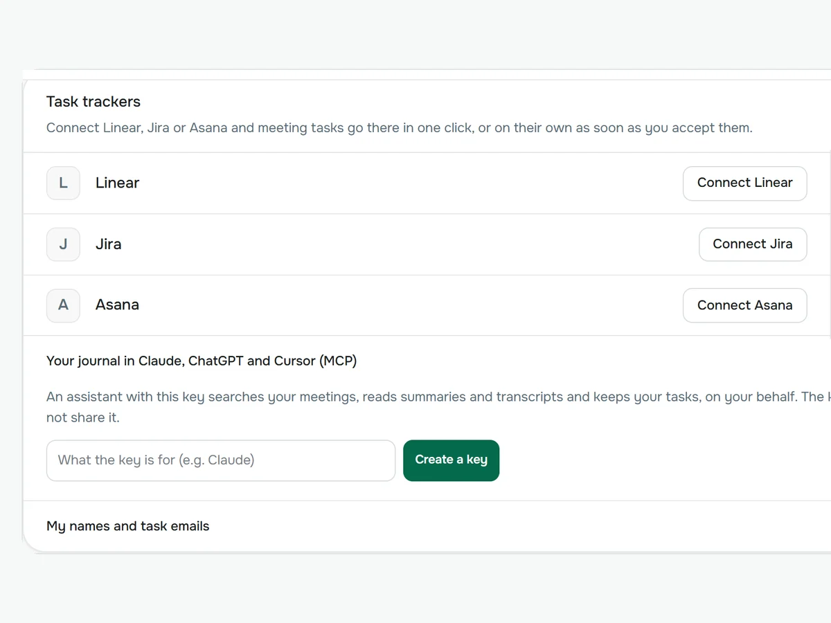 Task tracker connections and an MCP key for AI assistants